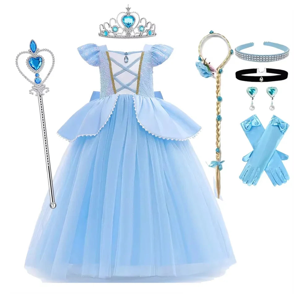 Verão Crianças Cinderela Princesa Cosplay Traje Roupas Meninas Lantejoulas Vestido com Coroa Luvas Festa de Aniversário Baile de Gala 2-10 A