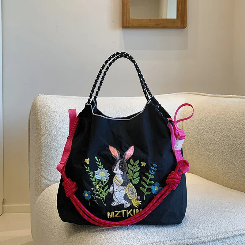 New Japanese-Style Embroidered Shopping Bag Rabbit Flower Women's Shoulder Bag Large Capacity Tote Bag Lightweight Foldable Storage Suitable for Commuting Travel Leisure Holiday Party Ethnic Style