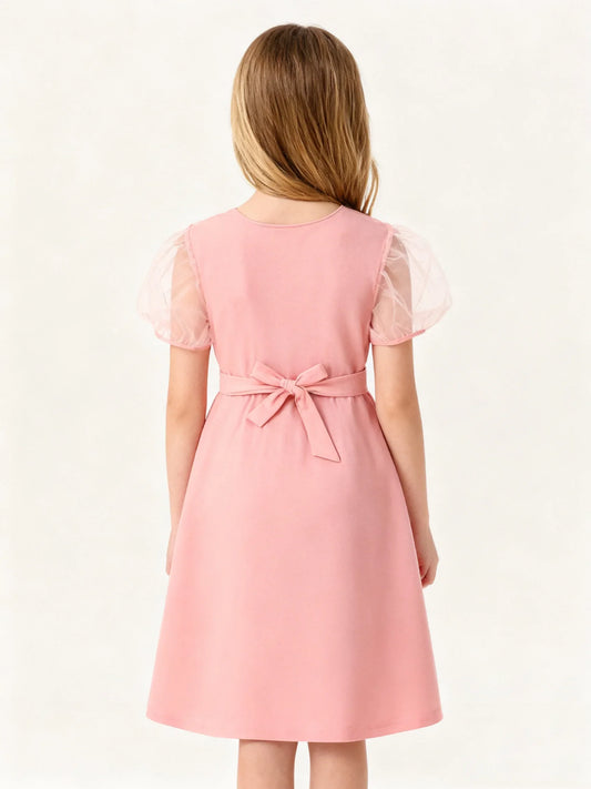 Girls' Summer French V-Neck Sweet Princess Dress Fitted Slimming Tulle Sleeveless Dress