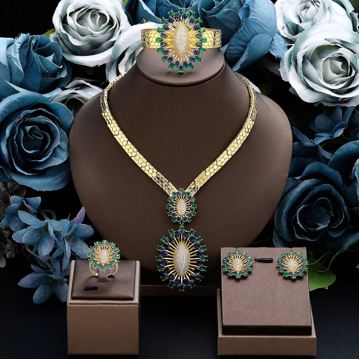 Conjunto de Joias para Noiva 2024 Banhado a Ouro Nigeriano Africano 4 Peças Colar Brincos Anel Pulseira Verde Vermelho Zircônia Cúbica