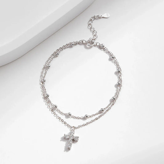 Exquisite Cross CZ Bracelet 925 Sterling Silver Stackable Double Layer Link Chain Beads Bracelets For Women Fine Jewelry