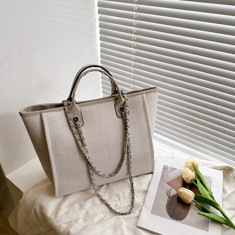 Matte Canvas Shoulder Bag Solid Color with Chain Strap Lightweight Large Capacity Embroidered Zipper Classic Handbag