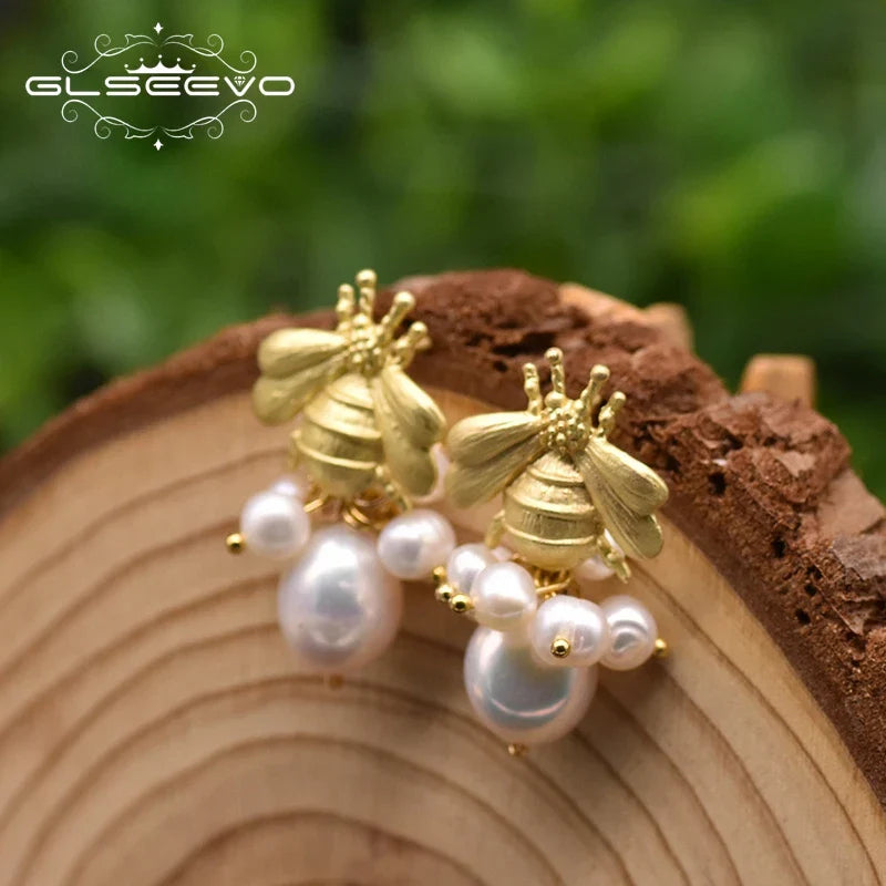 Bee And With Natural Pearls Pearl Earrings 18K Gold Plated Jewelry Korean Designer Jewelry Earrings Gifts For Girlfriend