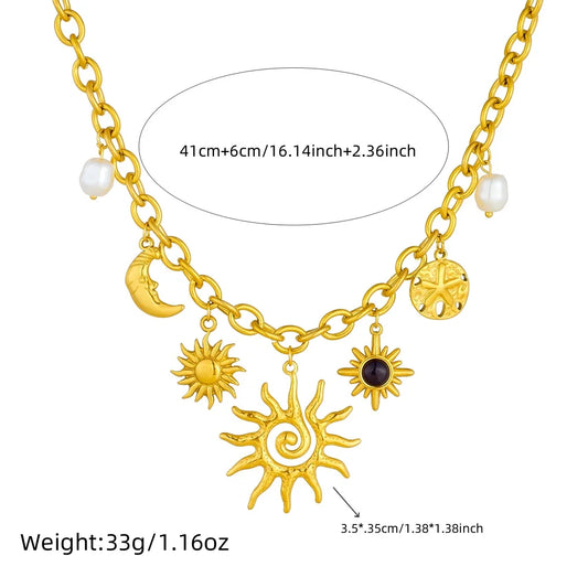 316L Stainless Steel Golden Trendy Starfish Moon Sun Shaped Pendant Necklace For Women Romantic Neck Chain Holiday Gift