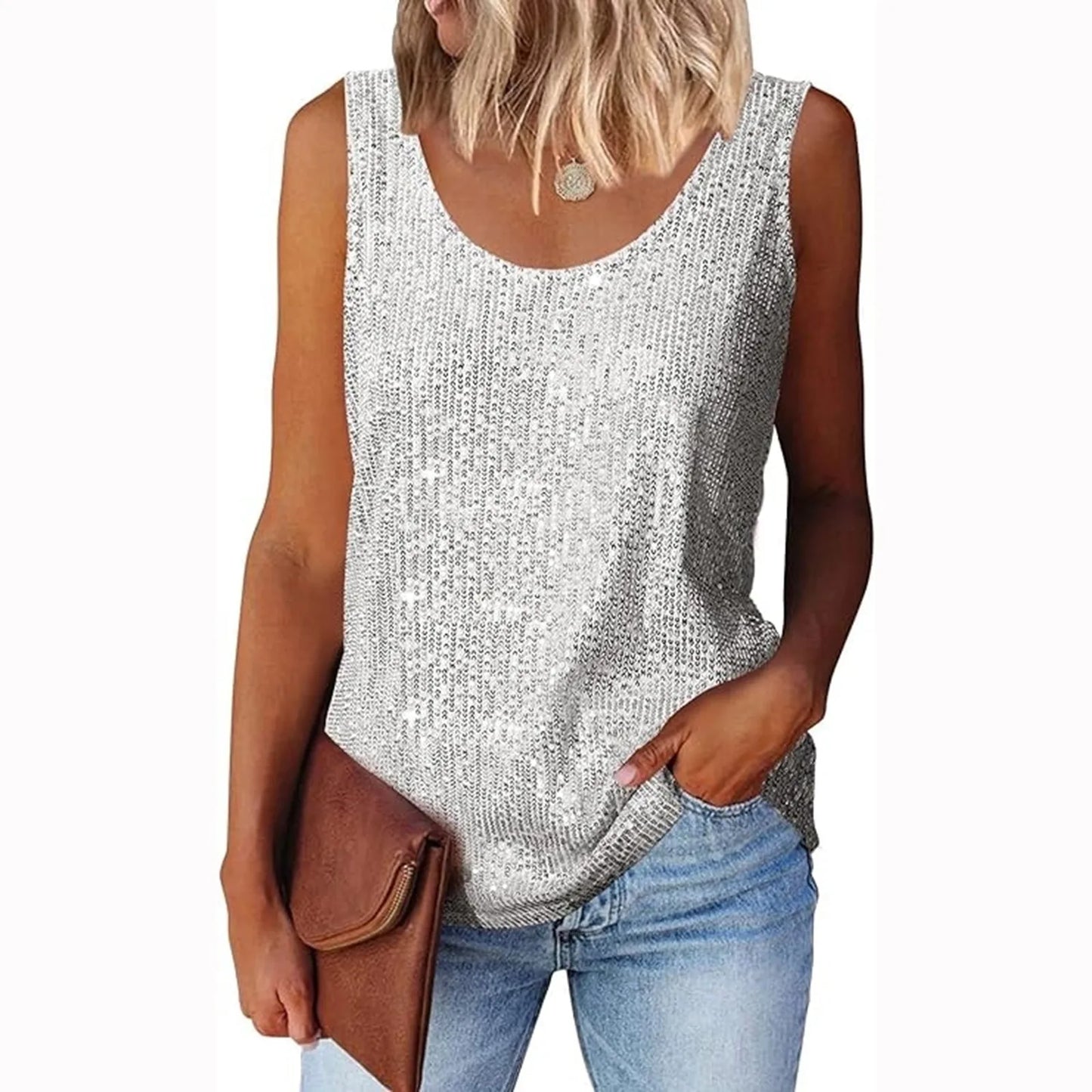 Ladies' Sequin Loose U-Neck Sleeveless Glitter Tops Fashion Solid Color Tank Tops For Daily Wear Performance Costume