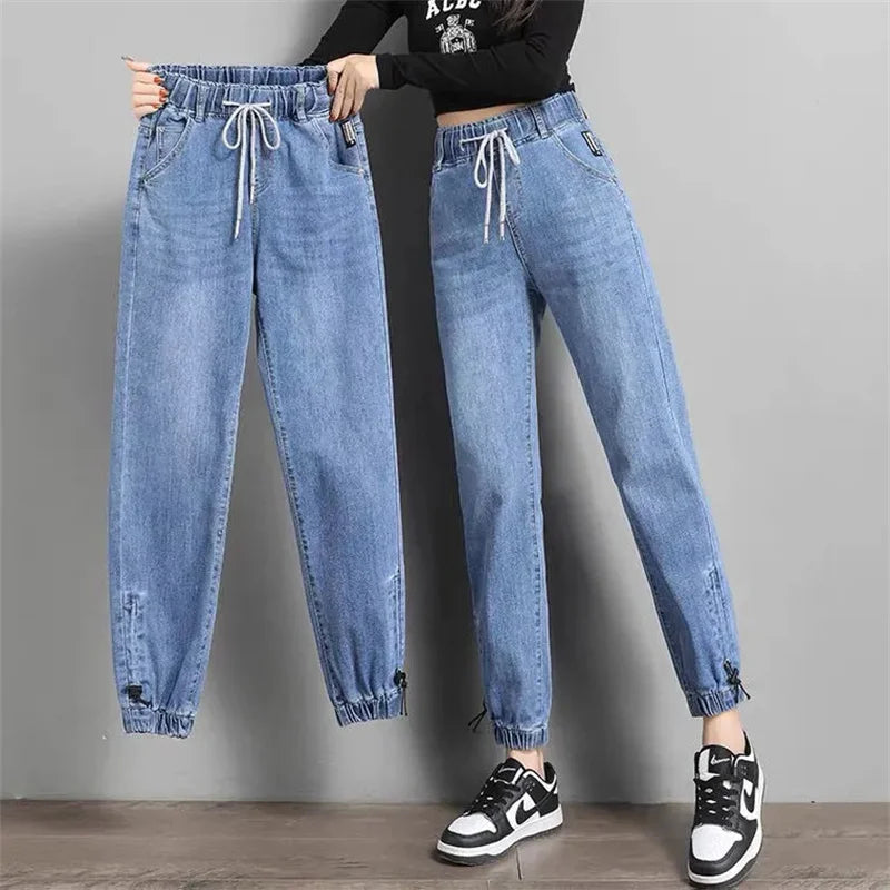 High Waist Denim Harlan Pants Women's Loose Elastic waist Jeans
