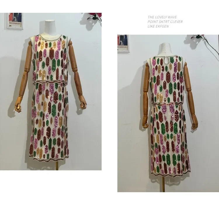 2025 Summer New Beach Holiday Handmade Beaded Sequins Internet Hot O-neck Vest Camisoles Top And Skirt Women's Slim Fit Clothes
