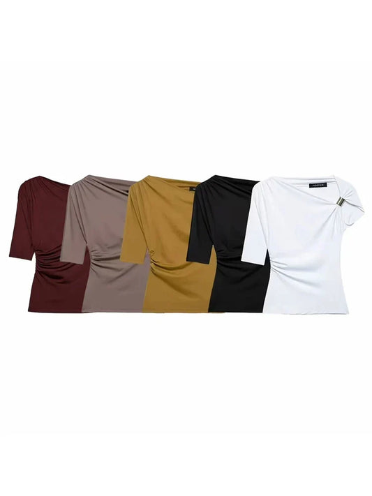 Vintage Women's Asymmetric Bustier Tops 2025 Female Sexy Skew Collar Off-shoulder Pleated Metal Decorate Shirt Streetwear