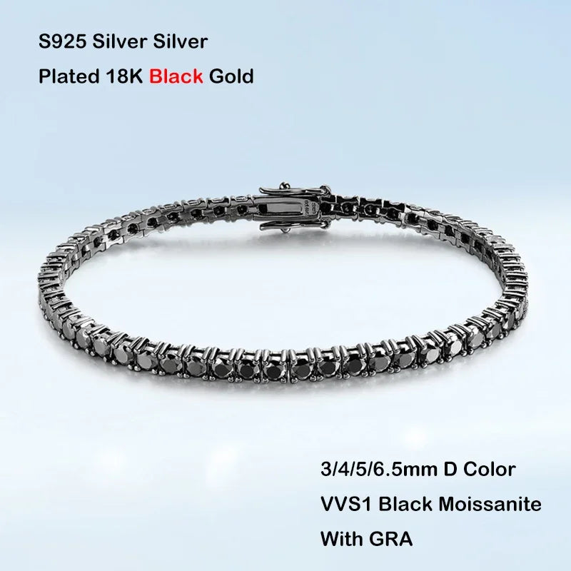 GRA Certified Full 3/4/5/6.5MM Black Moissanite Tennis Bracelet for Men Women S925 Silver Plated 18K Black Gold Bracelets