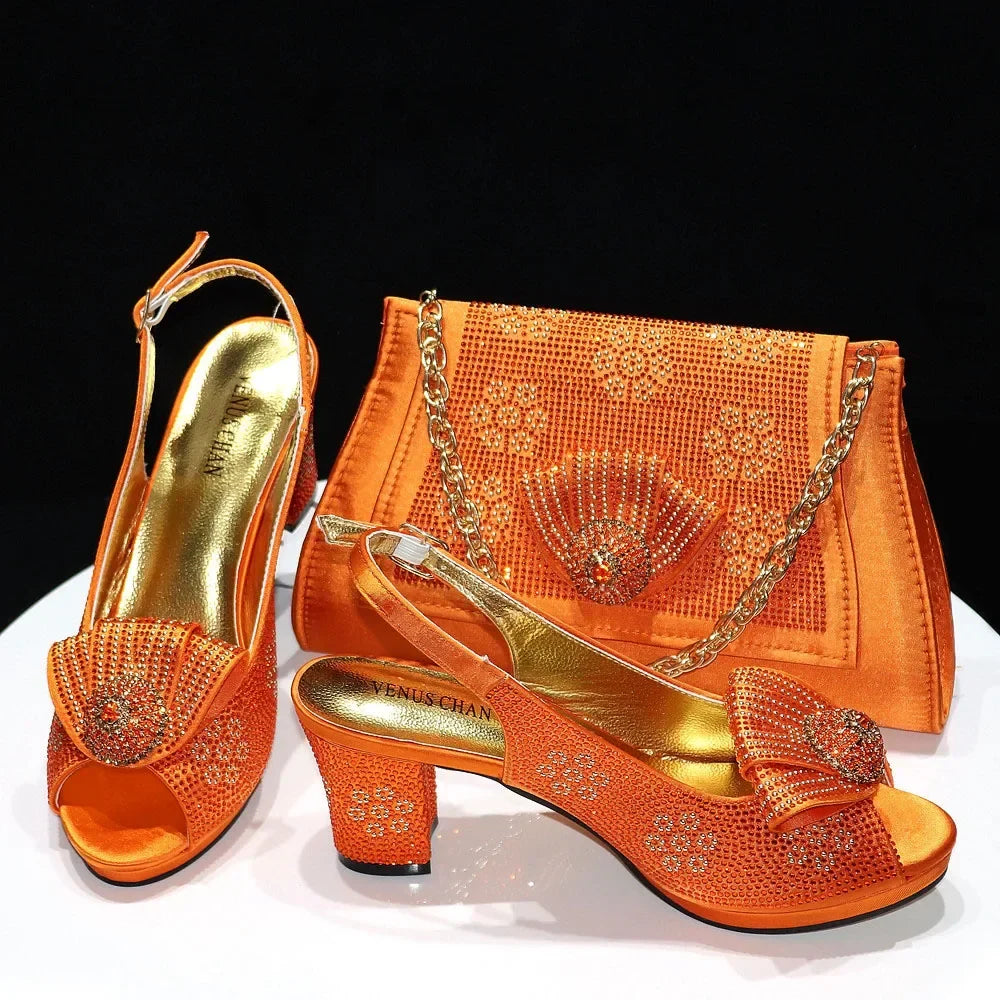Italian Shoes And Bag Sets For Evening Party With Stones Italian Satin cloth Rhinestone bow Handbags Match Bags