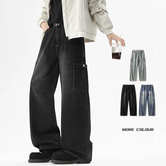 Cargo Jeans Men's Autumn New Vintage Fashion Straight Denim Trousers Casual Wide Personalized Male Clothing Pants Men Denim