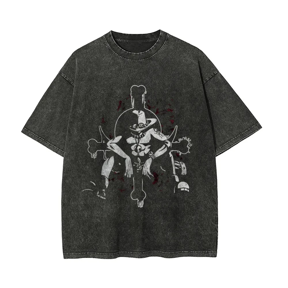 Anime Retro Washed Printed T-shirt for Men and Women 2025 Popular Summer Street Casual Short-sleeved Crew Neck Top