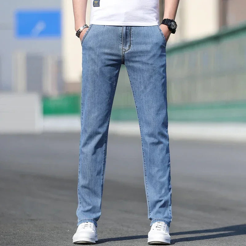 Summer New Men's Loose Stretch Gray Jeans Fashion Casual Stretch Straight-leg Denim Pants Male Light Blue Brand