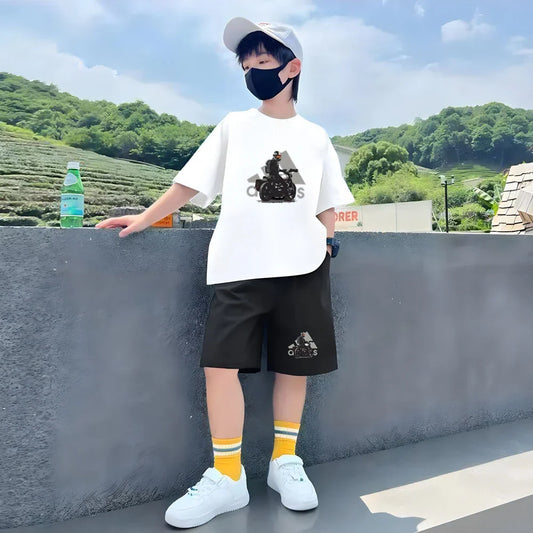 Kids black Summer Leisure Short Sleeve T-shirts+shorts Suits 3-12 Years Boys Girls Casual Outfits Children 2pcs Brand Clothes