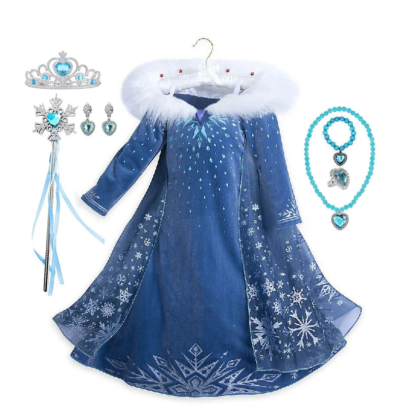 Girls Cosplay Frozen Elsa Princess Dress Children Winter Fill Sleeve Snow Queen Costume Kids Carnival Birthday Party Dresses