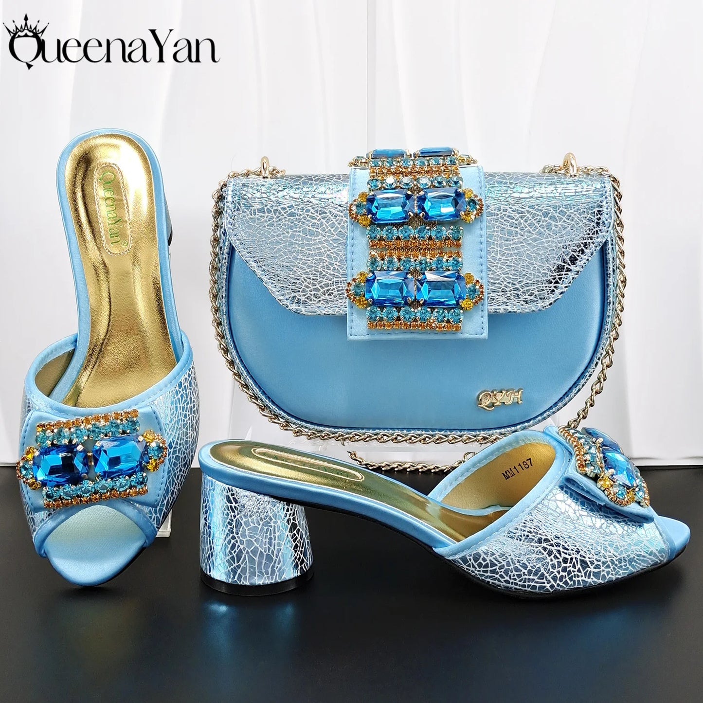 Hot Selling Fashion Mature Brushed Style Rainbow Color Rhinestone Decoration Design Party Wedding Lady High Heels and Bag Set