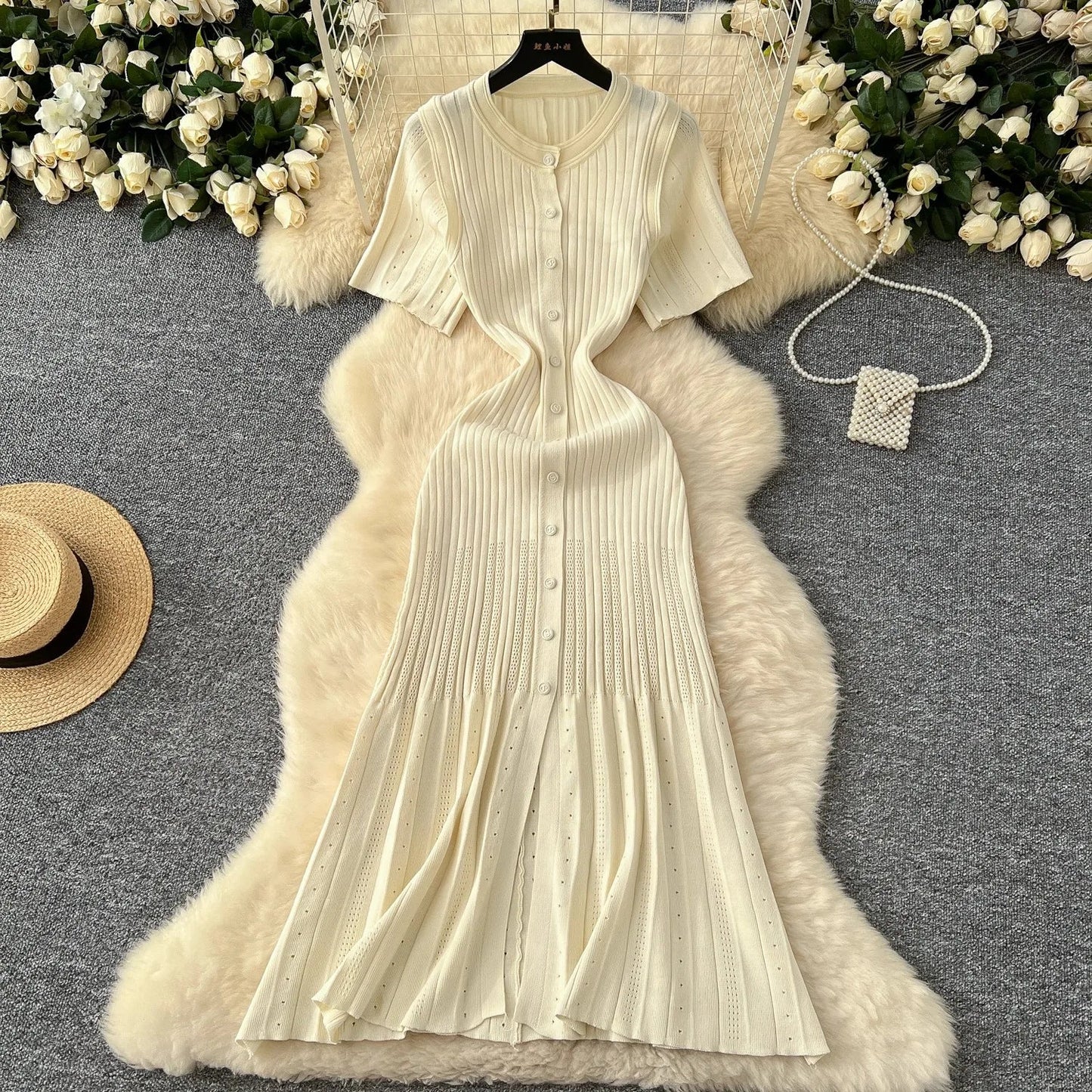 Fashion Vintage Turn-down Collar Knit Maxi Dress Elegant Single-breasted A-line Long Shirt Dress Lady Vestidos