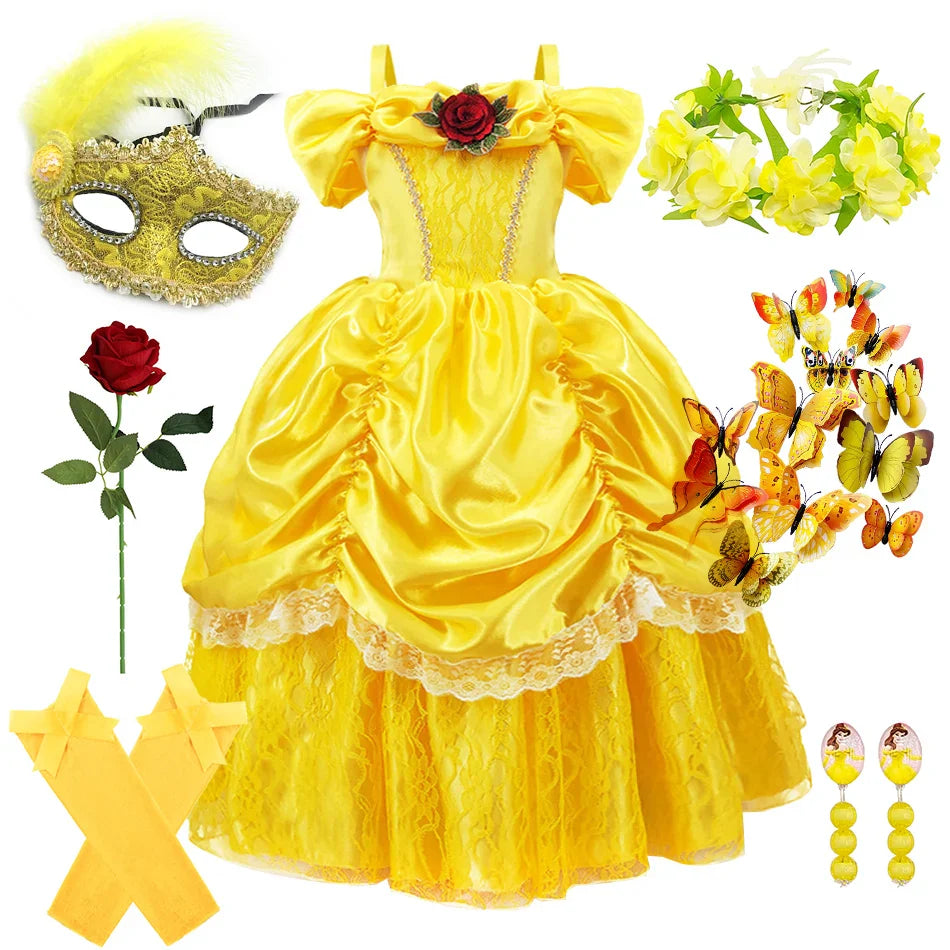 Girls Belle Cosplay Princess Dress Children Beauty Beast Clothes Birthday Carnival Christmas Party Costume Kids Ball Gown 2-11T