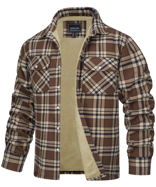Fleece Lining Jackets Mens Flannel Cotton Jackets Plaid Casual Button Down Cargo Work Coats Thicken Outwear Man Tops