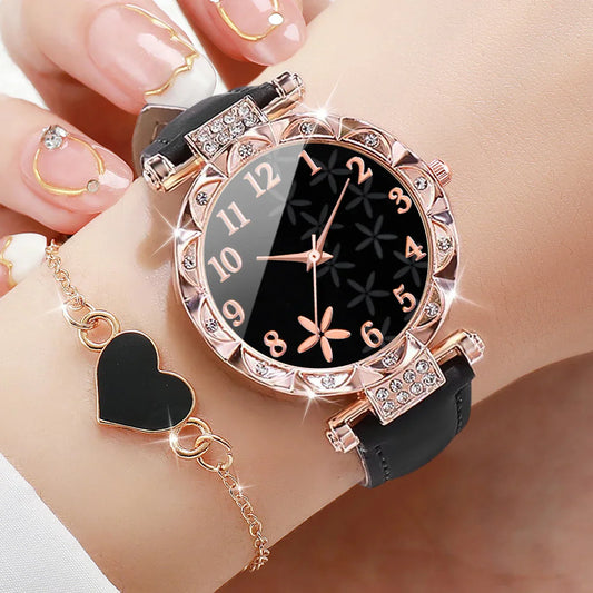 6PCS/Set Fashion Flower Dial Women's Quartz Casual Leather Band Analog Watches Heart Bracelets Set(Without Box)