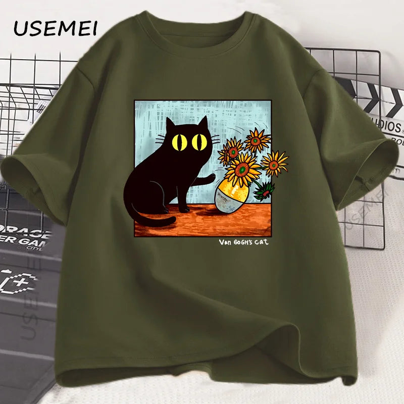 T Shirts Men Women Flower Black Cat T-shirt Round Neck Cotton Short Sleeve Trendy Tee Shirt Streetwear