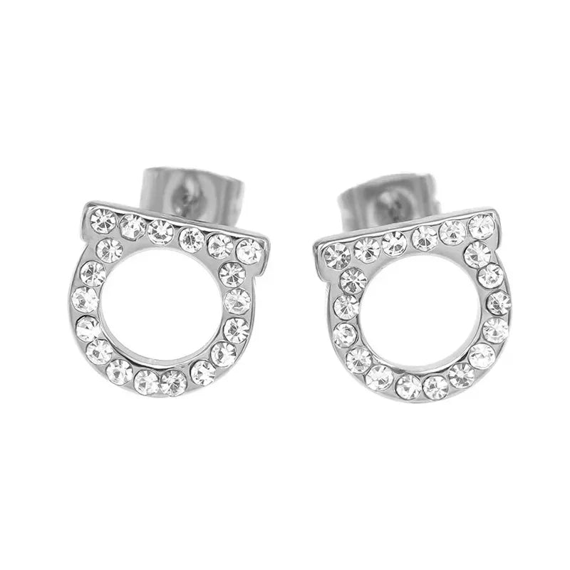2Pcs of Simple and Luxurious D-shaped Stainless Steel Stud Eearrings Inlaid Sparkling Cubic Zircon Ear Piering Jewelry