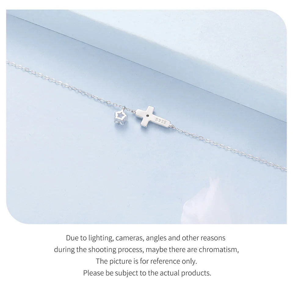 925 Sterling Silver Starlight Cross Bracelet Wrist Chain with Star Zircon Pendant Adjustable for Women Summer Daily Gift