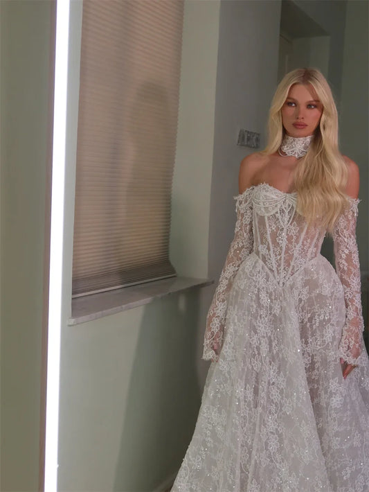 Customized White Off the Shoulder Wedding Dress Long Sleeves A-Line Lace Wedding Gown Elegant Floor-Length Bridal Veil