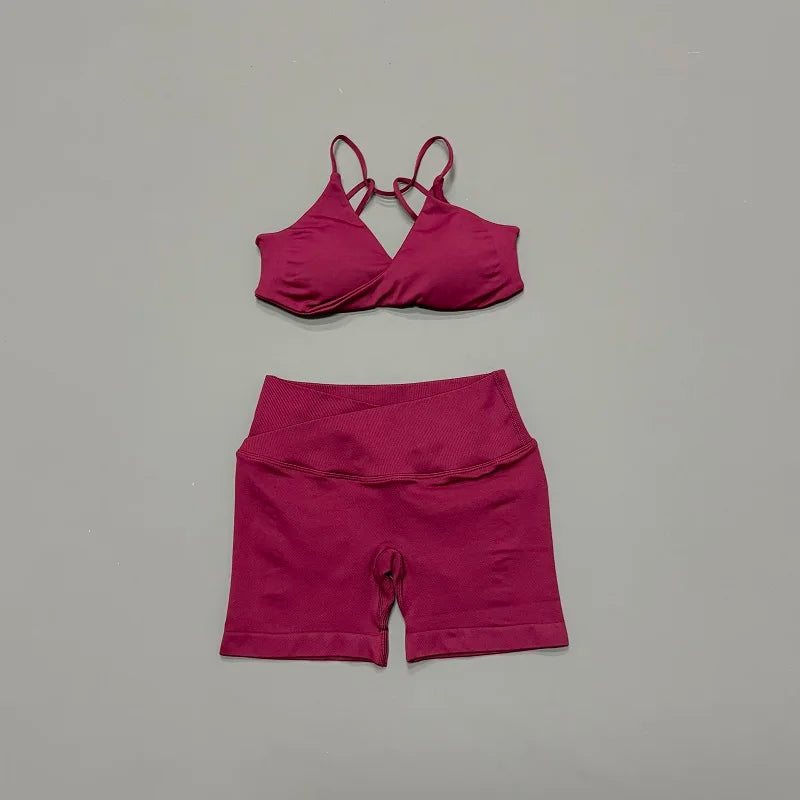 Women 2 Piece Gym Set Seamless Yoga Sports Bra V Neck Twist Front Tummy Control Butt Lifting Shorts Fitness Running Workout Set