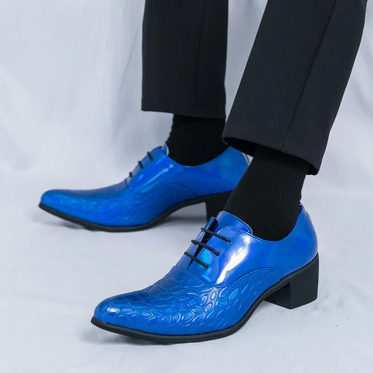Luxury Wedding Dress Men High Heel Shoes Design Blue Man Patent Leather Shoes Party Men Pointed Toe Formal Shoes Zapatos Oxfords