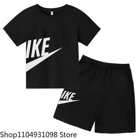 Fashion Sport 2Pcs Outfit, Printed Short Sleeve Tee and Shorts, Comfortable Summer Tracksuit for Boys Girls
