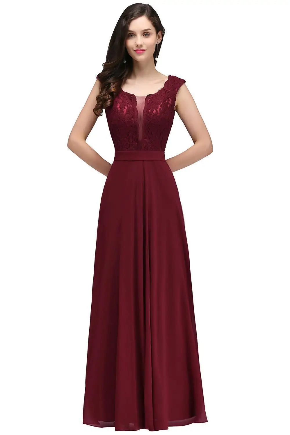 2024 Sexy Illusion O Neck Elegant Long Burgundy Evening Dresses Lace Sleeveless A-Line Chiffon Formal Party Prom Gowns Vestidos