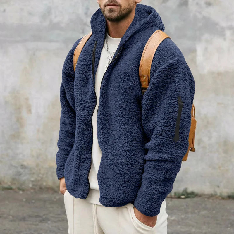 2024 Men's Autumn and Winter Double-Sided Fleece Warm Jacket Loose Hooded Casual Jacket