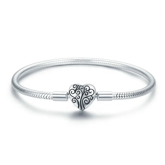 100% 925 Sterling Silver Forever Love Bright Heart Charms Bracelet for Women Cat Clasp Snake Chain Bangle Fine Jewelry