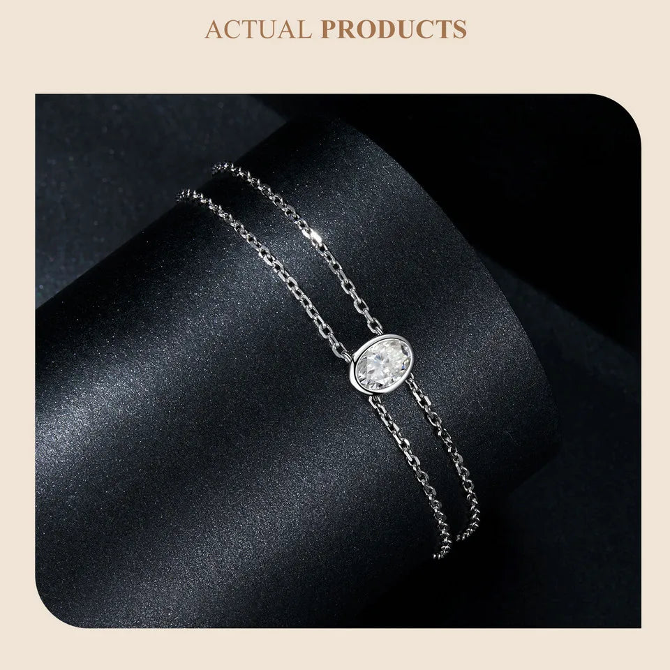 925 Sterling Silver Double-layer 1CT Moissanite Bracelet Oval Shape Lab Grown Diamond Chain Link for Women Wedding Gift