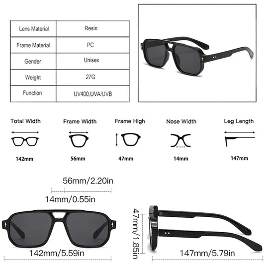 Vintage Double Bridges Men Square Sunglasses Fashion Green Ocean Lens UV400 Eyewear Women Trending Rivets Sun Glasses