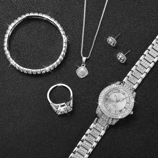 6PCS/Set Women's Watch Fashion Rhinestone Roma Dial Quartz Watch Steel Band Wristwatches Diamond JewelrySet(Without Box)