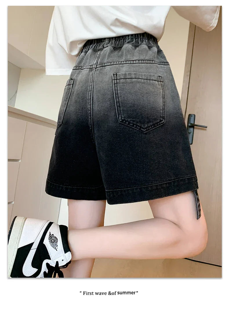 Plus Size Denim Shorts For Women Summer 2024 New High Elastic Waist Pockets Wide Leg Loose Jean Short Femme Hot Sale