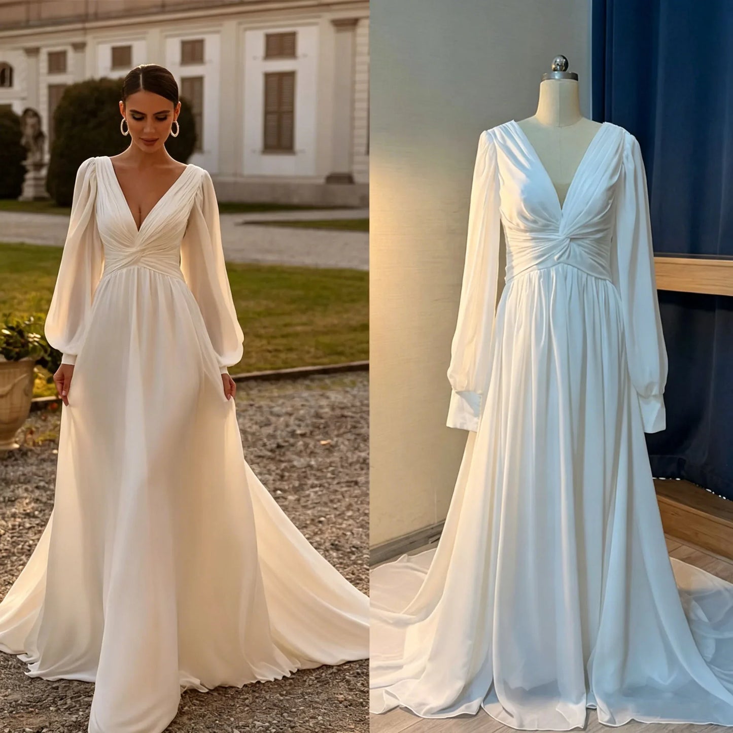 Chiffon A-Line Wedding Dresses Puff Sleeve V Neck Backless vestido de casamento noiva Civil Bride Party Gowns Customized