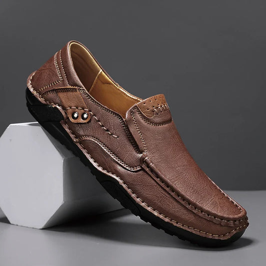 Men’s leather loafers slip-on soft sole business casual driving shoes brown