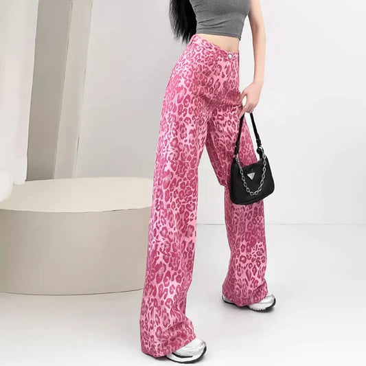 Chic Pink Leopard Print Jeans Girls High Waist Straight Leg Pants