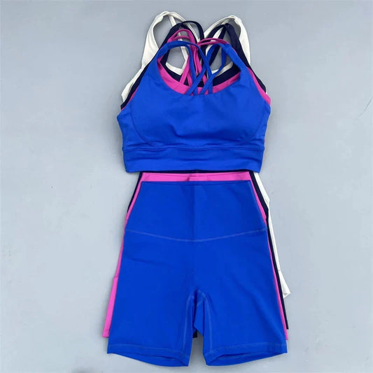 Solid Color soft gym Yoga Set short Legging +cross sport bra Tracksuit Women Gym Suit Comprehensive Training Jogging Athletic
