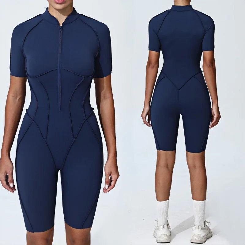 Zipper Short-sleeved Yoga Sports Fitness Jumpsuits Sets Without Chest Pad Tight Bodysuits Shorts Gym Workout Clothes for Women