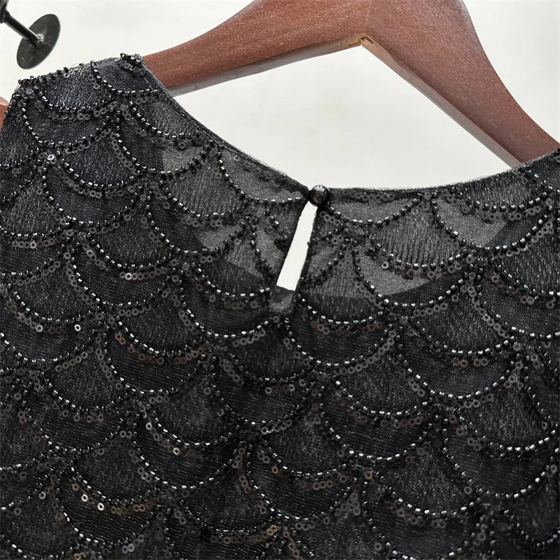 Bling Bling Sequined Tanks Tops Women Fashion Heavy Industry Double-sided Beaded Vest Vacation Leisure Beaded Chiffon Top