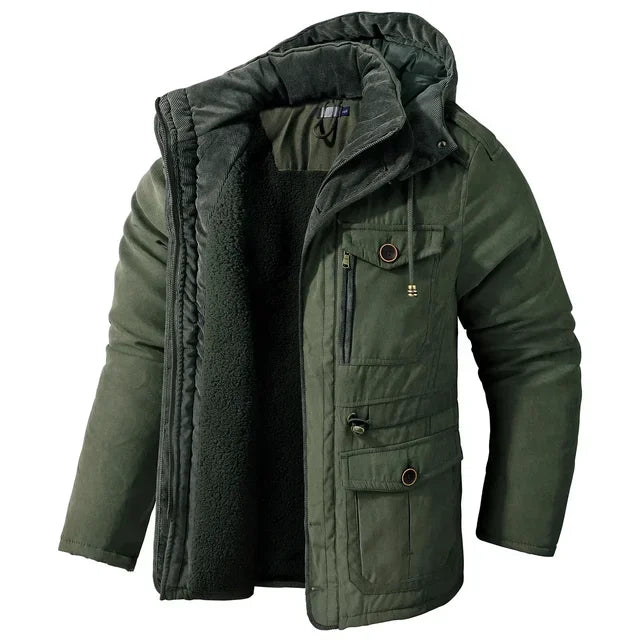 Jaqueta Masculina INVERNO EUA TAMANHO Grande TAMANHO Lã de Cordeiro JAQUETAS Algodão Capuz Engrossado Multi Bolso Casual Casaco de Comprimento Médio