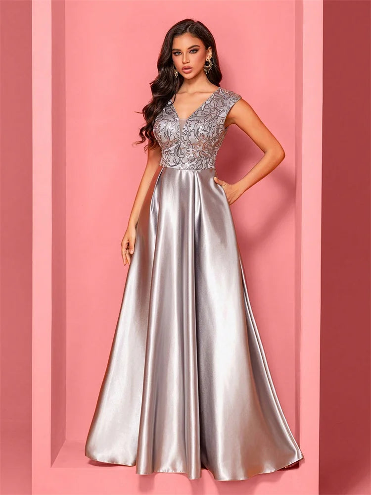 New Luxury Gold Satin V-Neck Sequins Embroidery Formal Evening Dresses Women Long Elegant Wedding Party A-line Cocktail Gowns