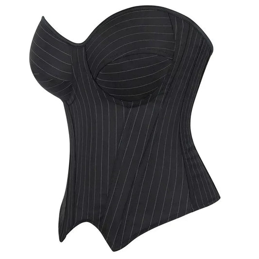 Black Striped Zipper Overbust Corset and Bustier Shapewear Top for Women Office Lady Corselet