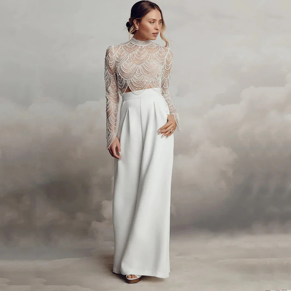 Exquisite High Neck Beading New Wedding Gown Sexy Illusion Long Sleeve Pearl Heavy Industry Bride Civil Custom Vestidos De Novia
