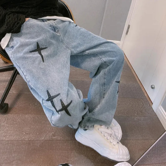 Jeans Estampados Masculinos 2026 Novas Calças Jeans Folgadas Streetwear de Perna Larga Moda Coreana com Caimento Reto Casuais Soltas Cargo de Brim