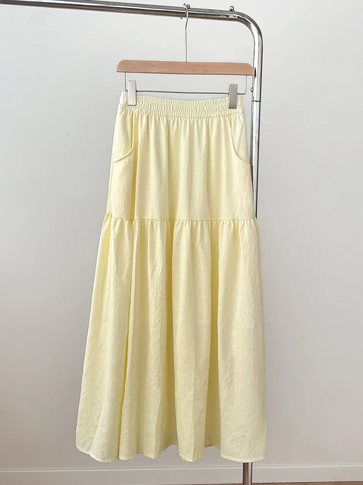 Women's Summer Effortless Chic Midi Skirt - Korean Flowy Big Hem Voluminous Ruffle Cake Skirt